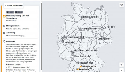 Screenshot Störungskarte DB: Zugunglück bei Riedlingen